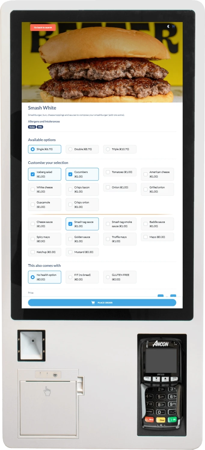 HDS Cloud Apps self-serve kiosk item customisation screen showing options, add-ons and a running price total