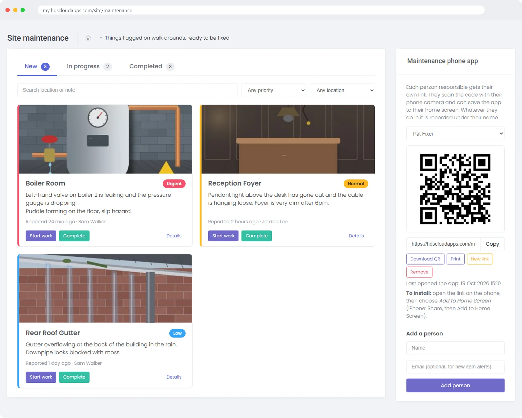 The Maintenance page showing new jobs with photos, priorities and the phone app QR code