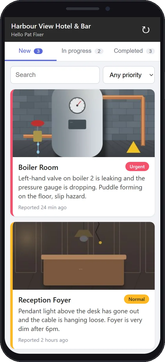 The maintenance app listing new jobs with priority badges