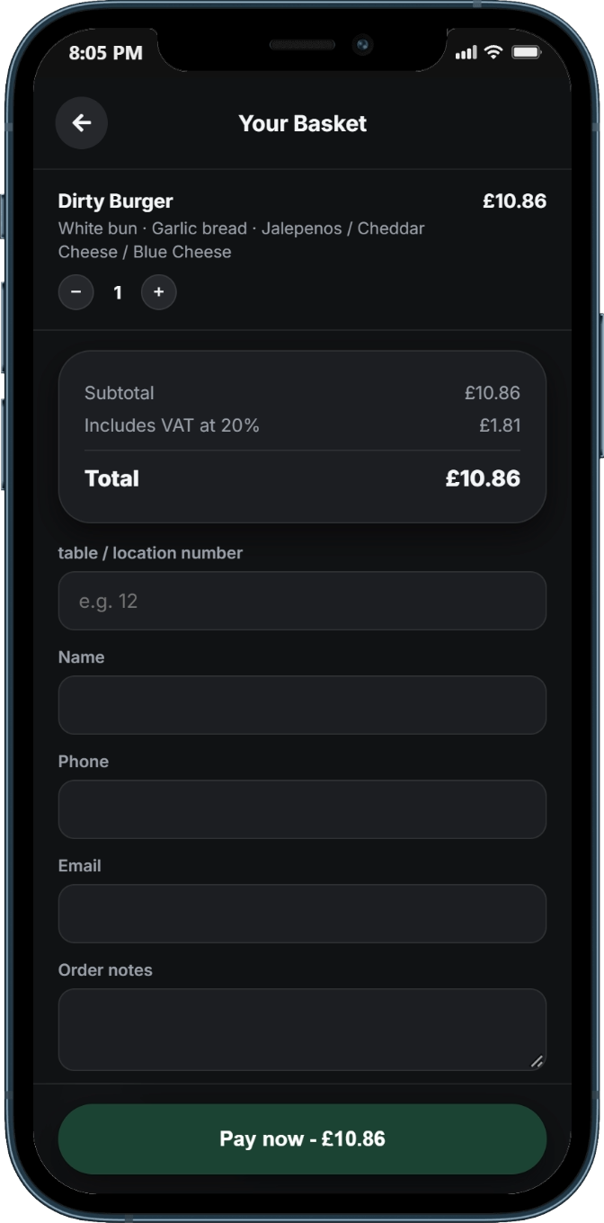 Mobile ordering v2 basket and checkout on one page: the order, VAT-inclusive total, table number, name, phone, email, order notes and a Pay now button