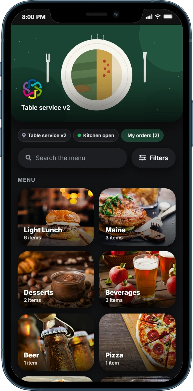 Mobile ordering v2 home screen on a phone: photo category cards, search, filters and a My orders button