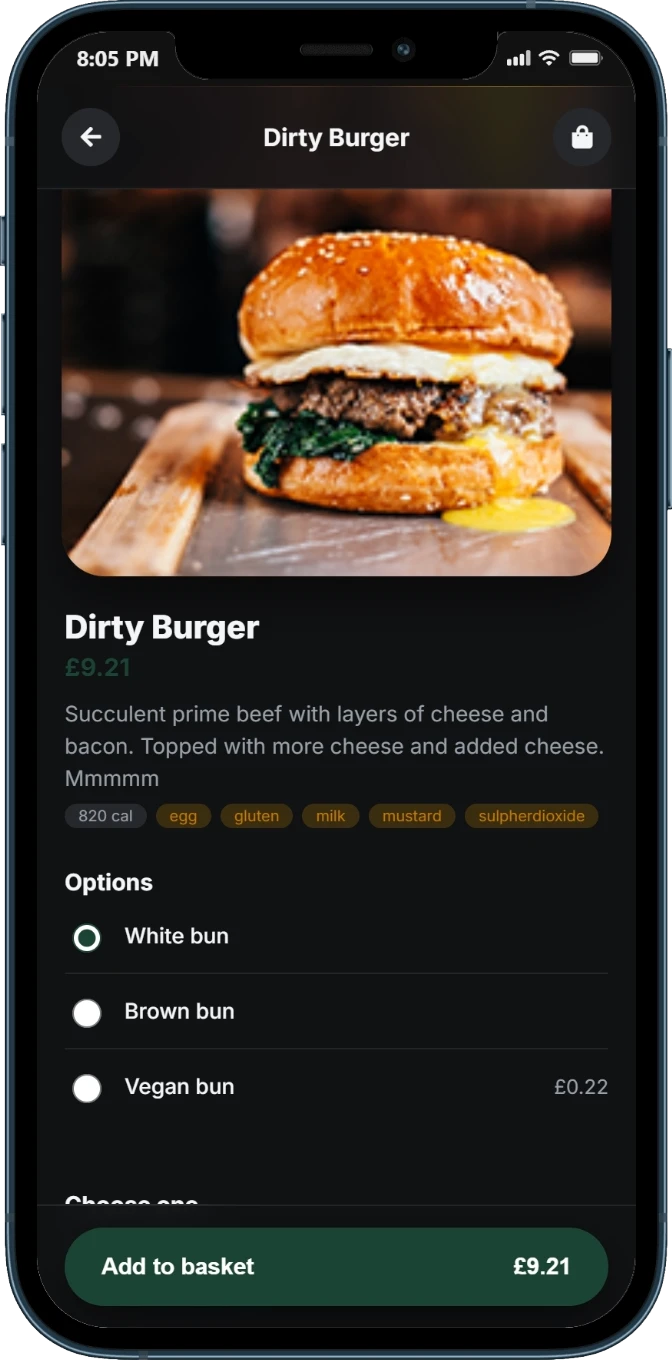 Mobile ordering v2 item page: a photo, price, description, calorie count, allergen tags and bun options with an Add to basket button