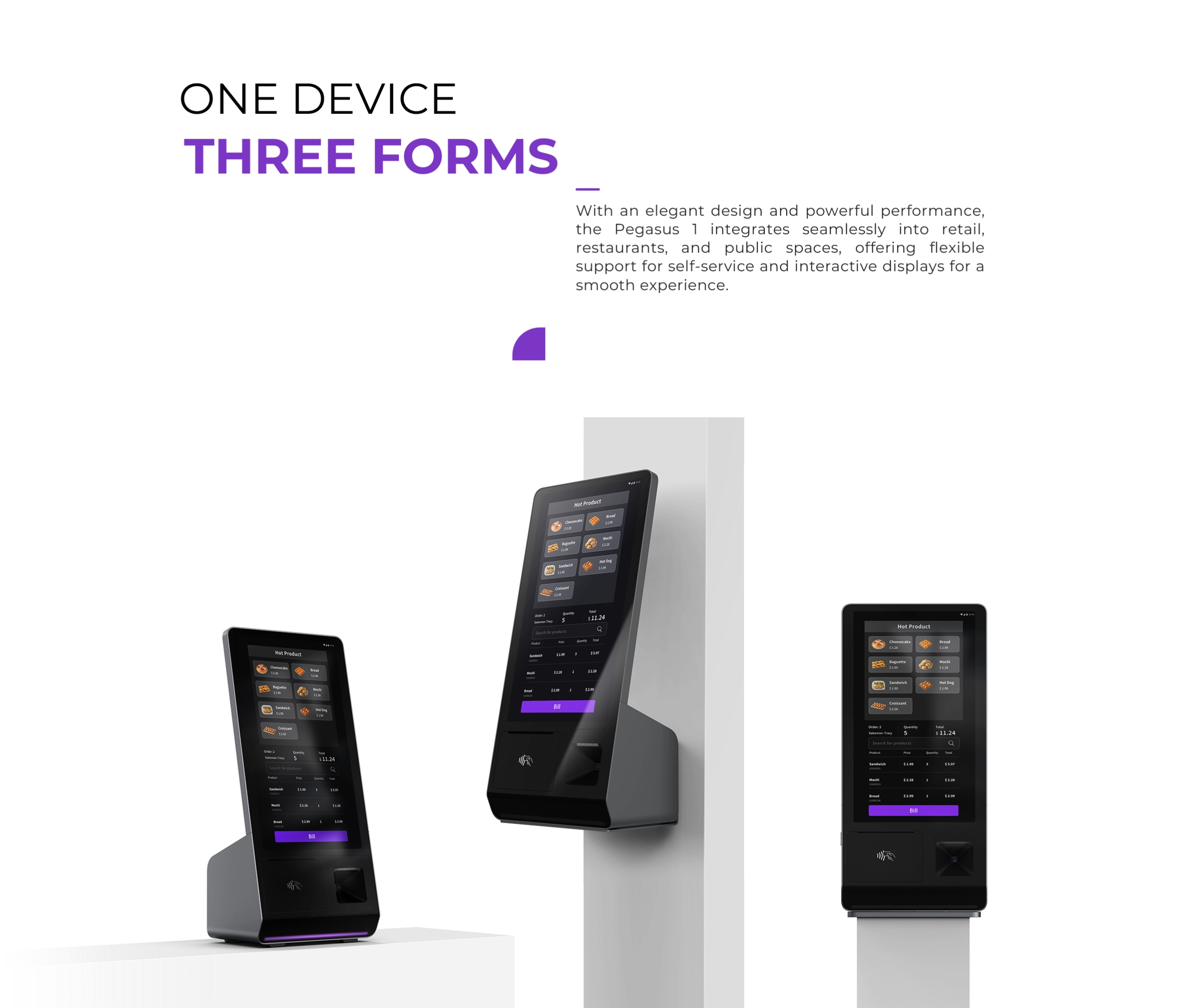 Pegasus 1 kiosk in three configurations — countertop, wall-mount and pole stand