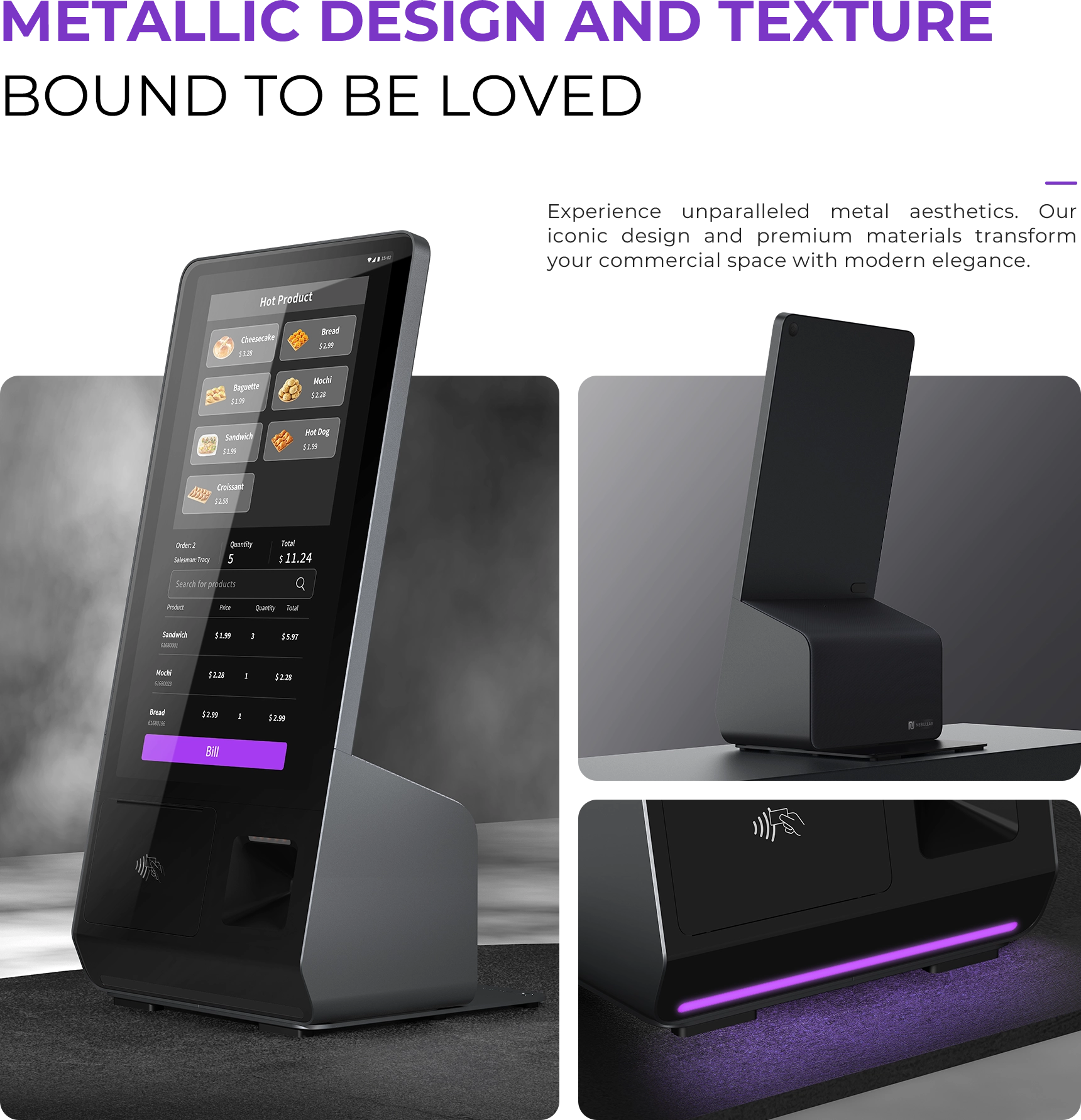 Pegasus 1 self-service kiosk in premium metallic design with ambient purple LED lighting