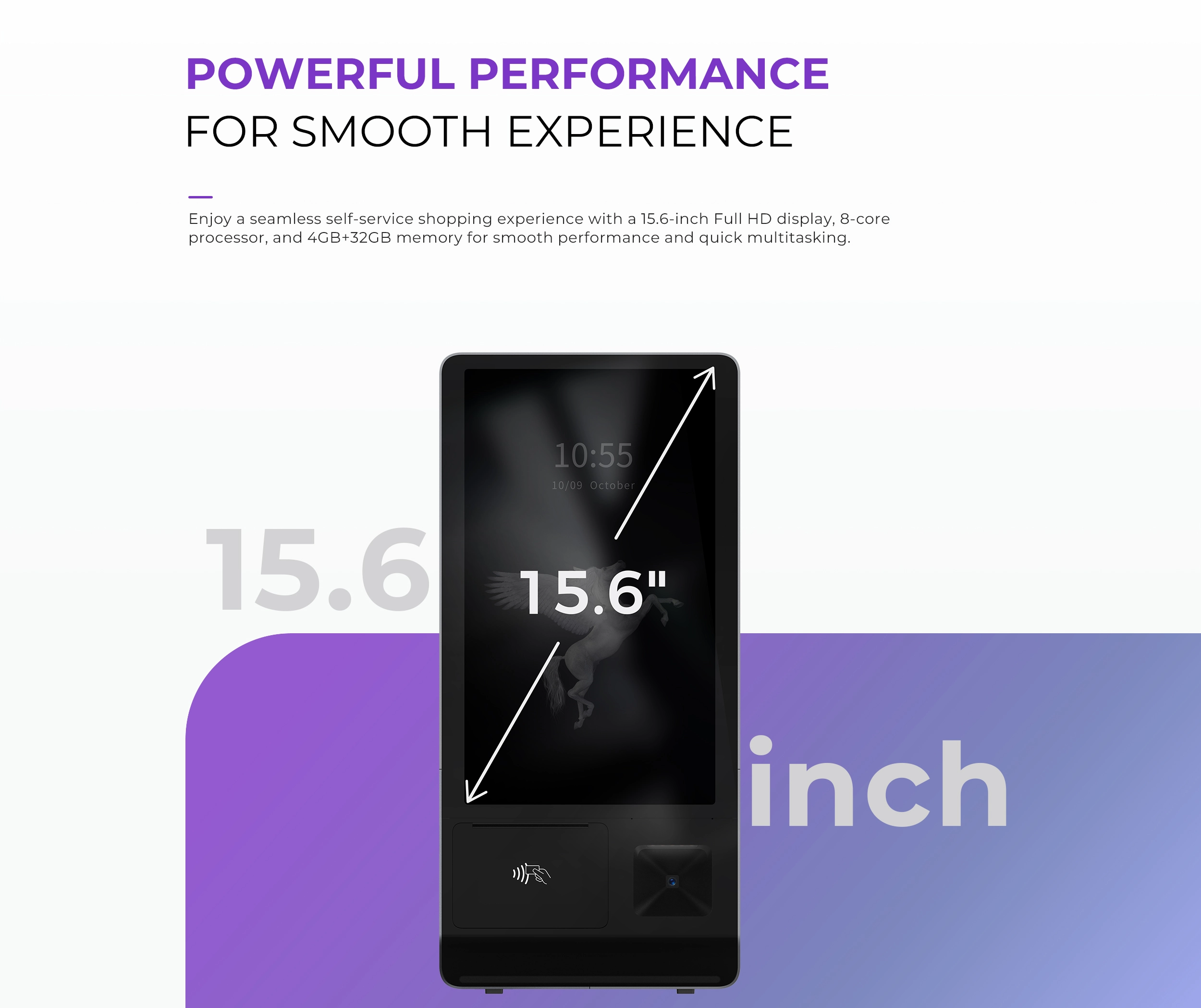 Pegasus 1 kiosk showing 15.6 inch Full HD portrait display with ordering software